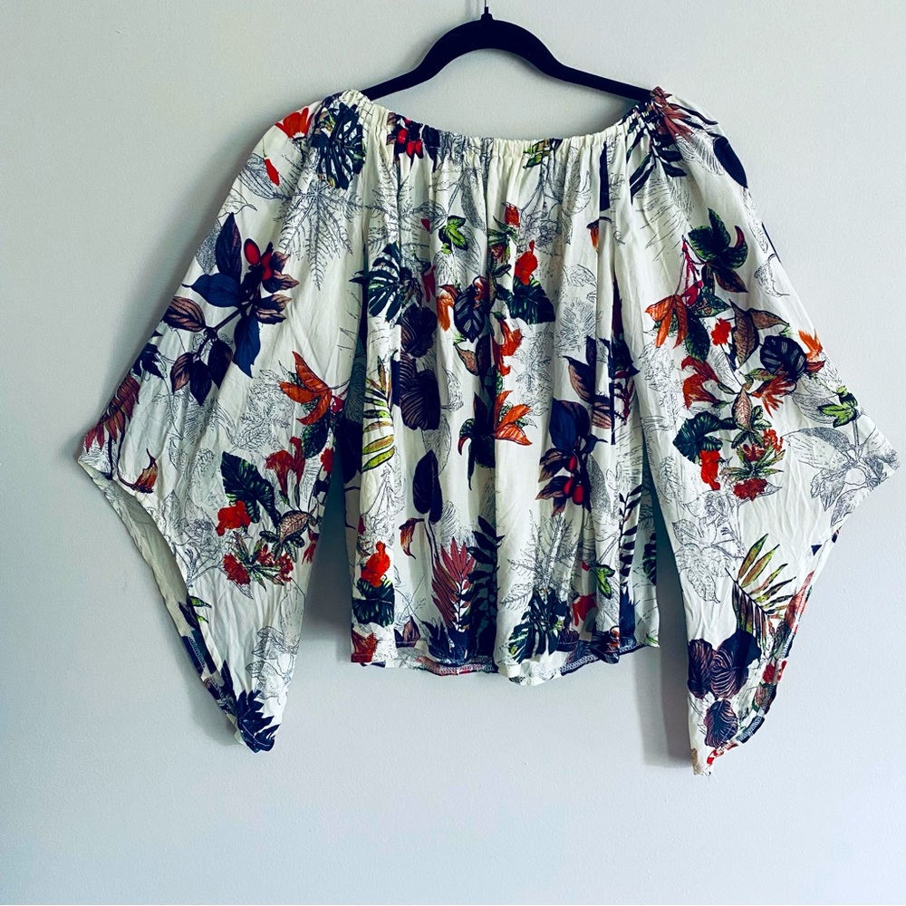 SHEIN Women's Cream Shirt with Floral Print Off the Shoulder Top Size Large